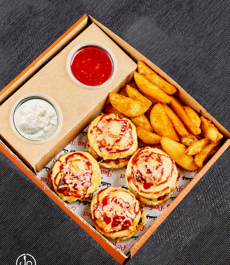 PIZZA BURGER WITH POTATO WEDGES AND CHILLI SAUCE AND CHUTNEY